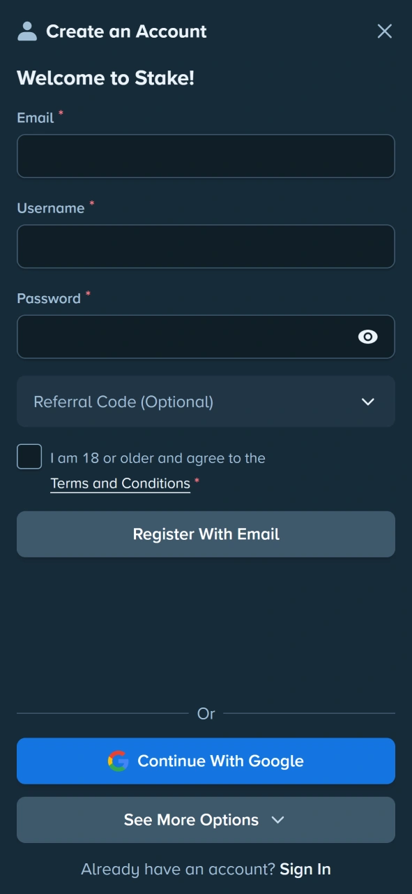 Create account with preferrable registration method at Stake app.