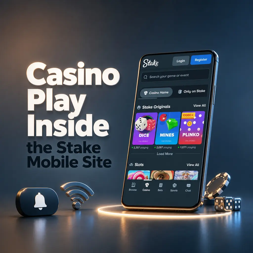Stake casino mobile site with bottom navigation bar, showing slot games loading during a 4G speed test in India.