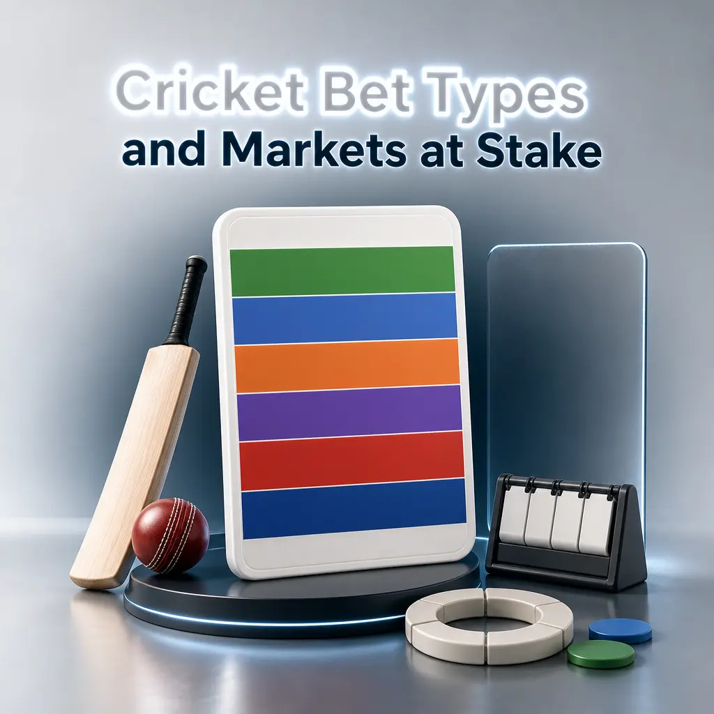 Overview of cricket bet types and markets, including match winner, top batsman, top bowler, total runs, and session markets.