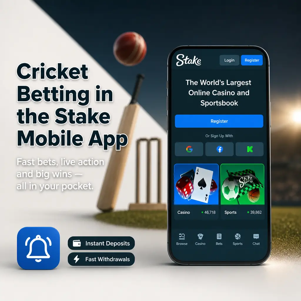 Stake mobile app screen showing cricket betting markets, live odds, and in-play match tracker for fast updates.