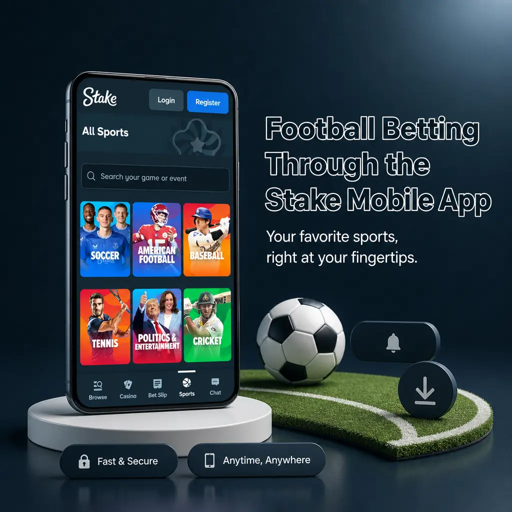 Stake mobile app football betting screen showing fixtures, markets, live tracker and accumulator bet slip