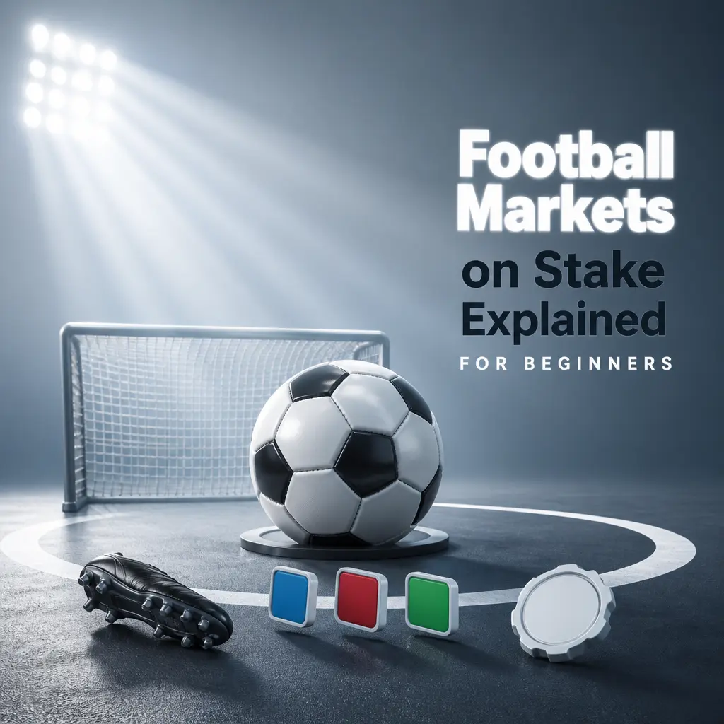 Beginner's guide to Stake football betting markets: 1X2, handicaps, over/under, BTTS, and correct score explained.