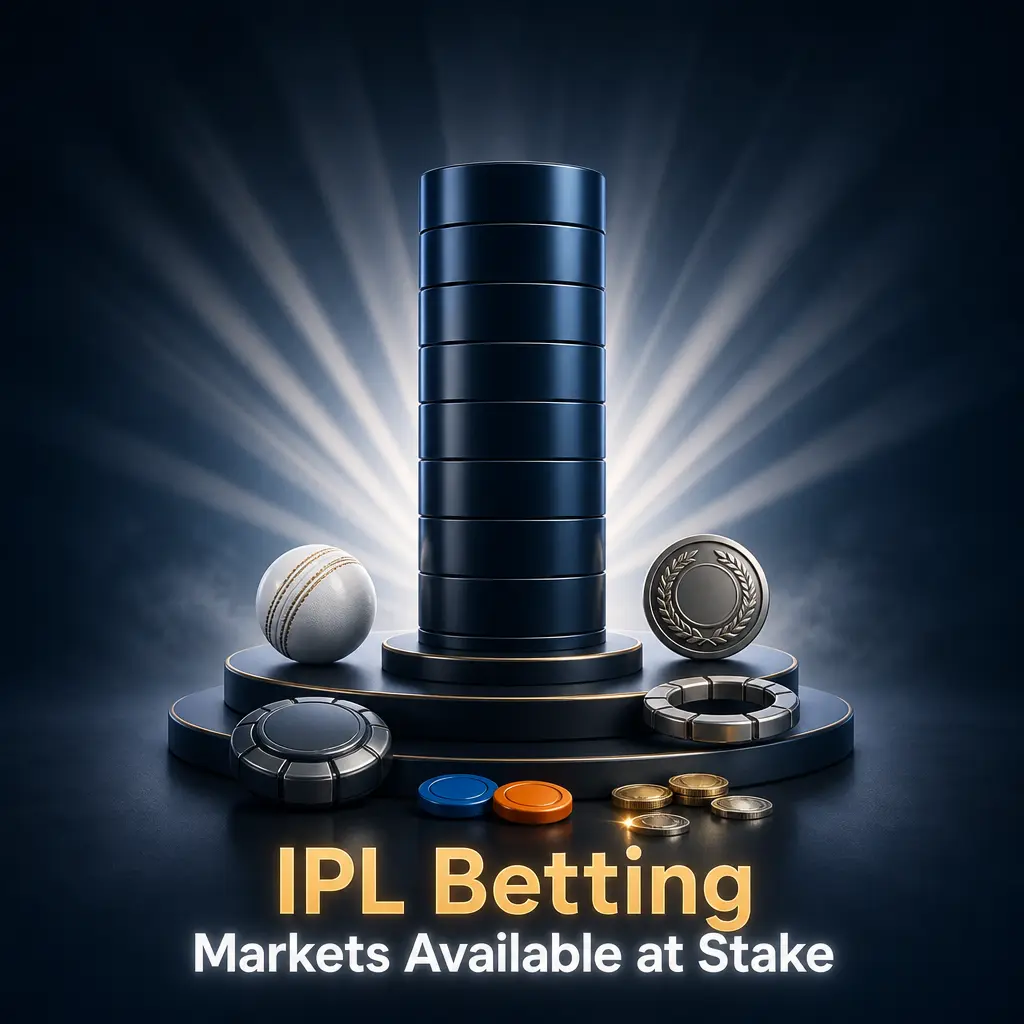 Table of IPL betting markets at Stake showing match winner, powerplay runs, sixes, outrights and price-moving factors.