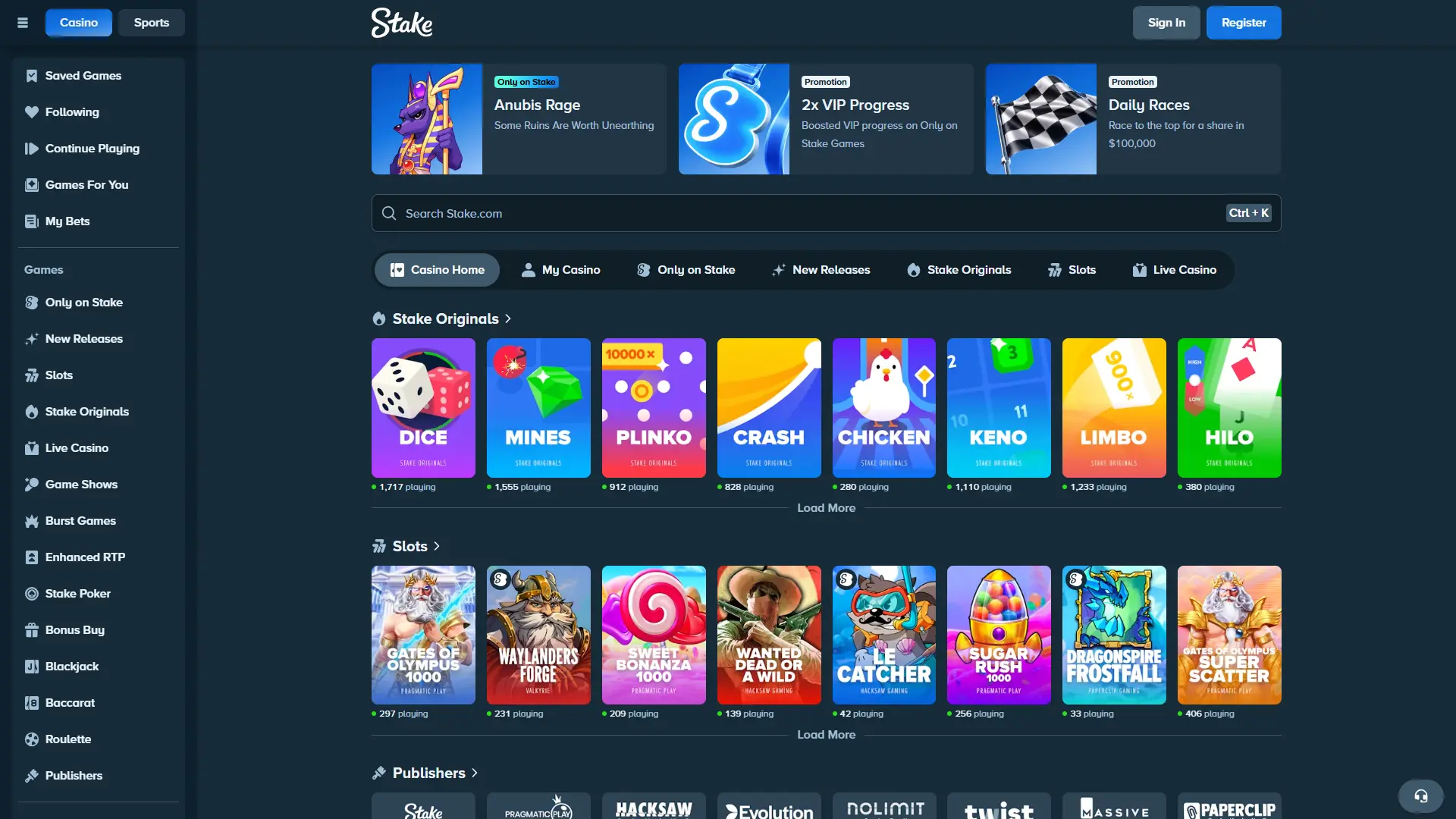 Play your favourite casino games at Stake.