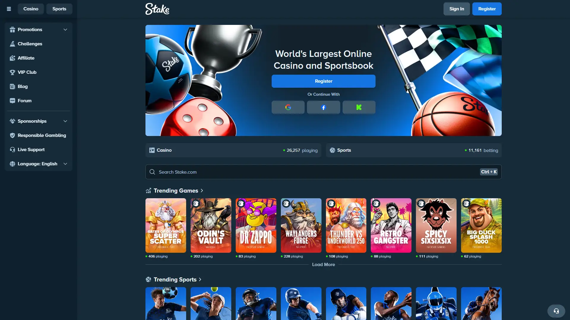 Visit Stake main page to see top games and betting tournaments.