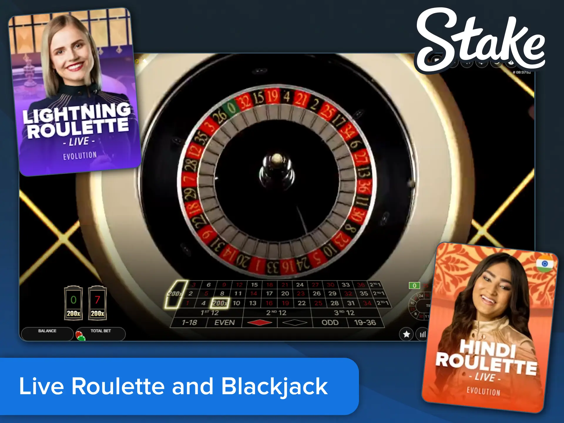 Join live roulette and blackjack tables at Stake.