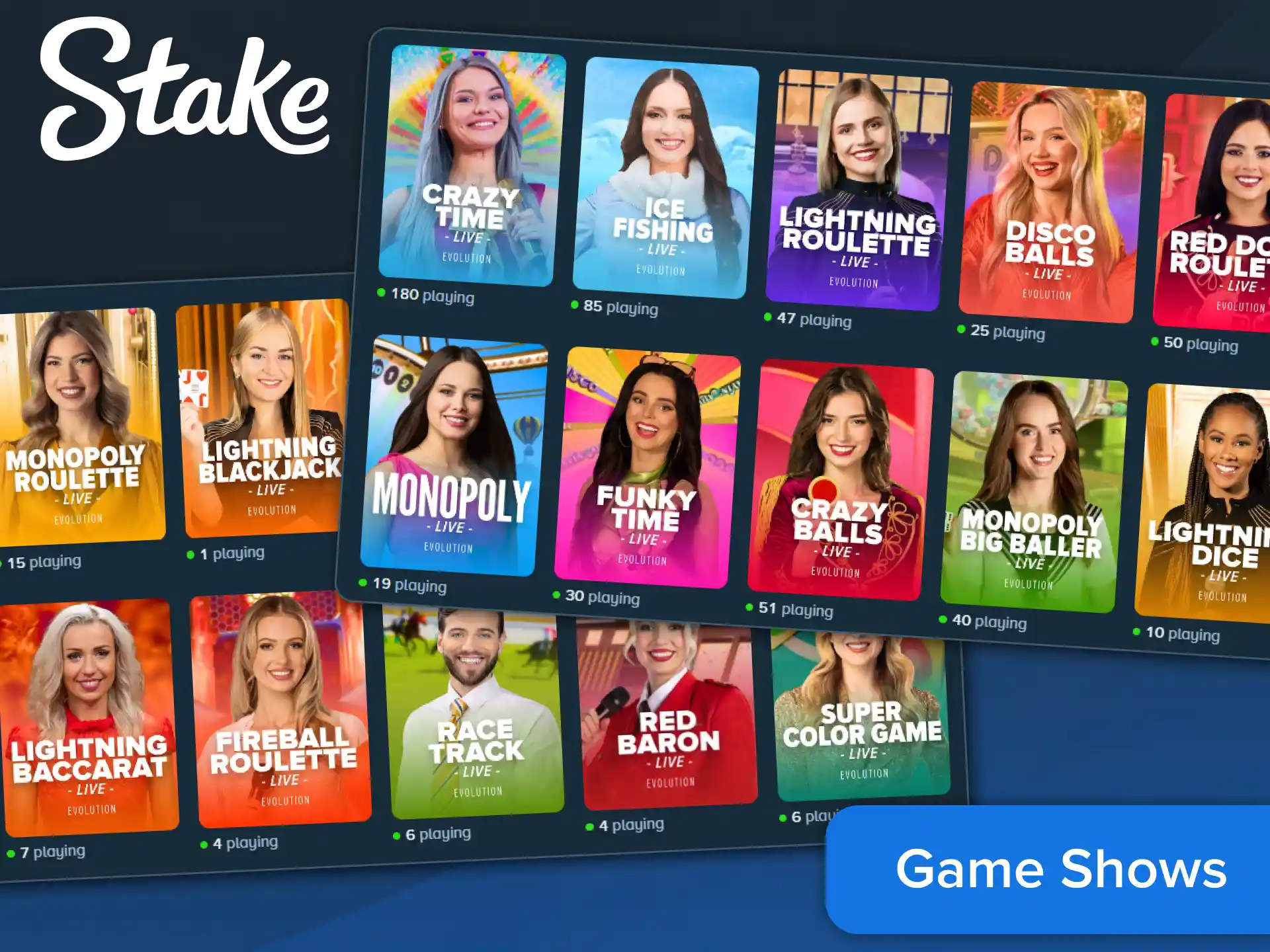 Experience interactive live game shows online at Stake.