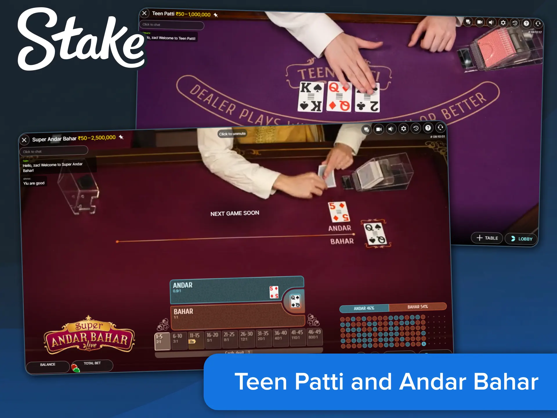 Play Teen Patti and Andar Bahar live on Stake.