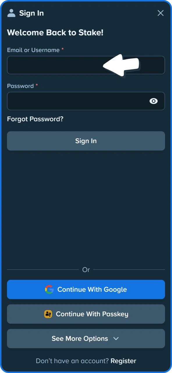 Fill login form to enter your Stake account.