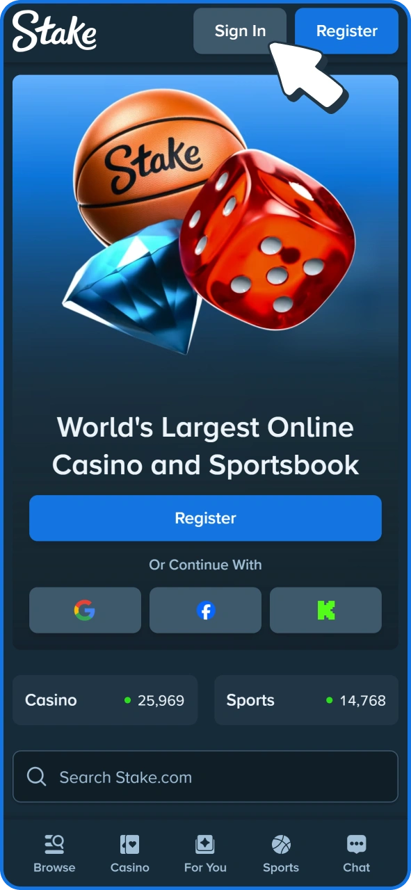 Open login form to enter your Stake account.