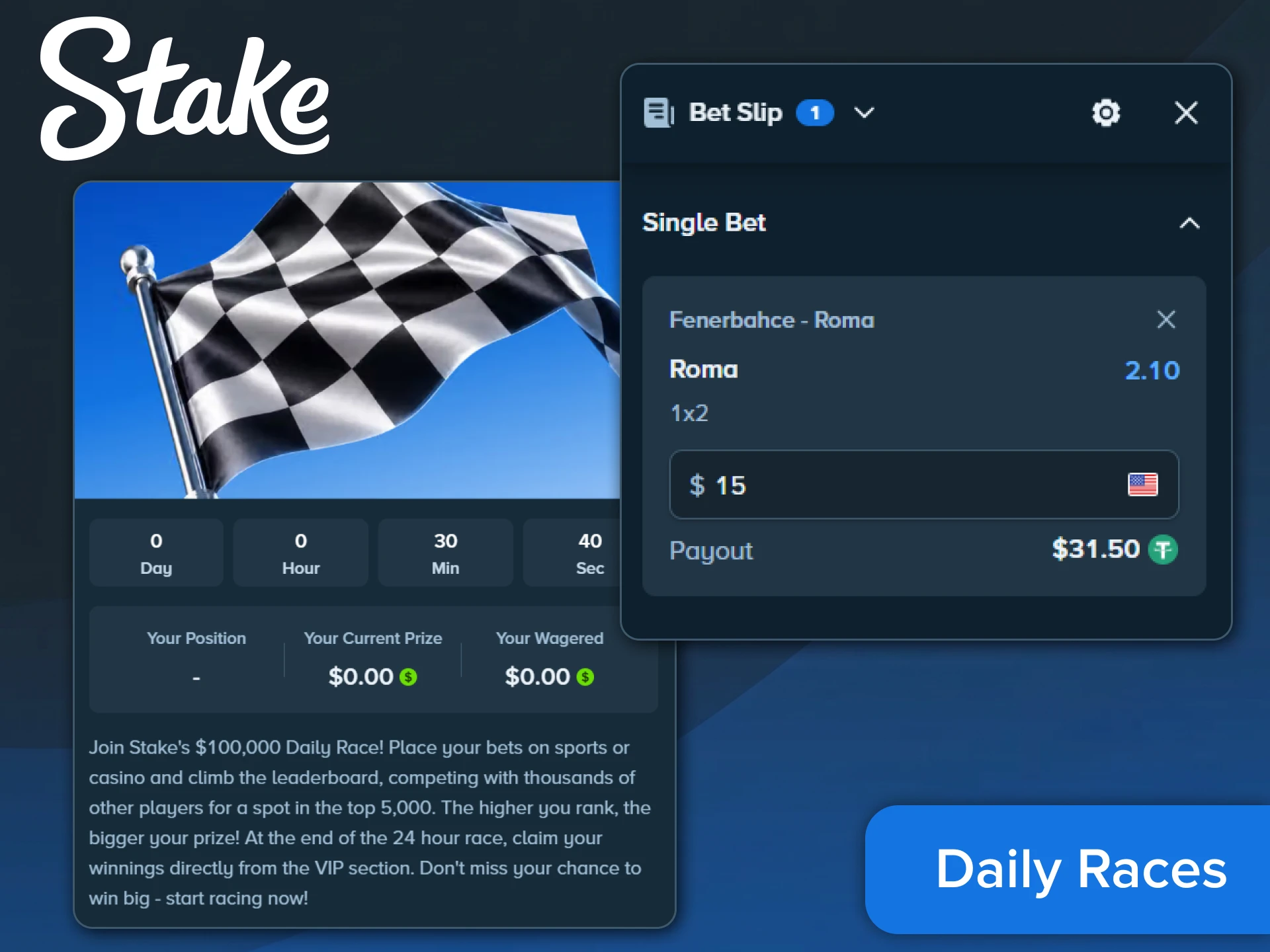Participate in daily races to claim rewards on Stake.