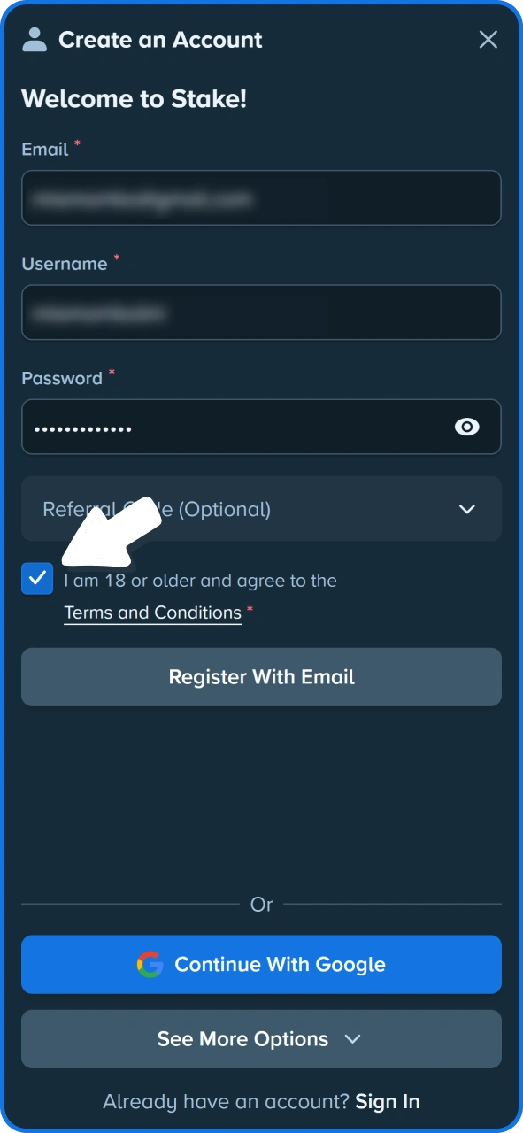 Check the checkmark to register at Stake.