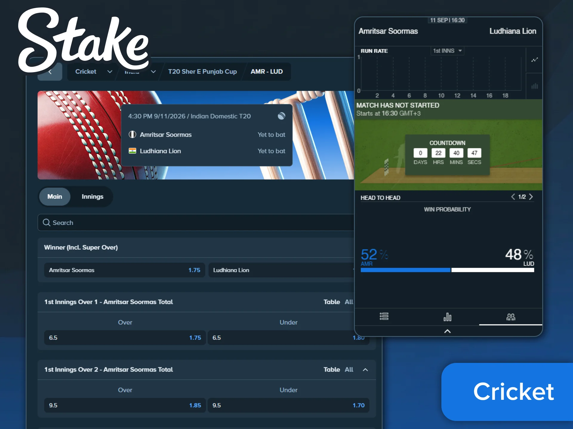 Place bets on IPL, T20, and international cricket on Stake.