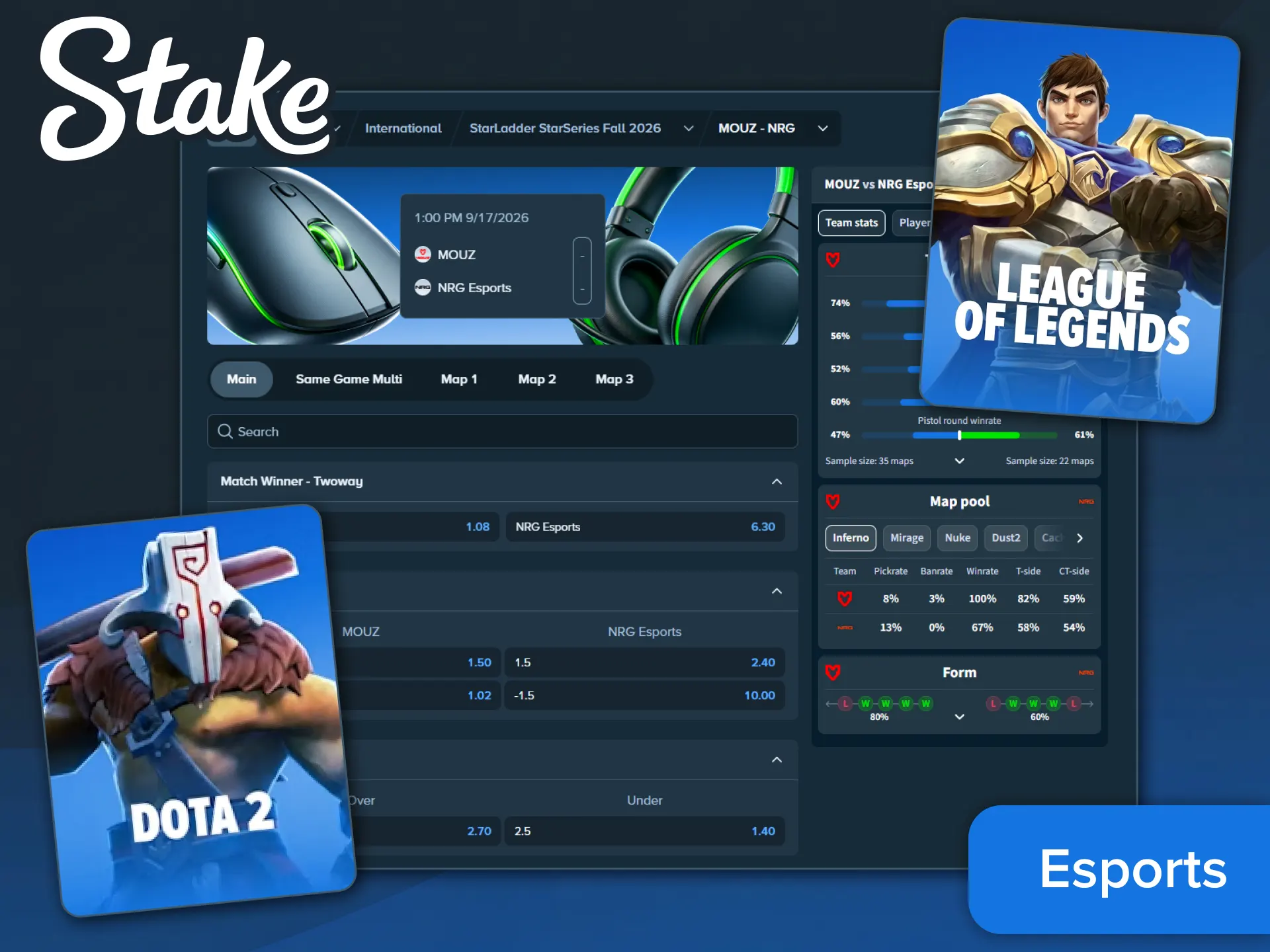 Place wagers on esports at Stake.