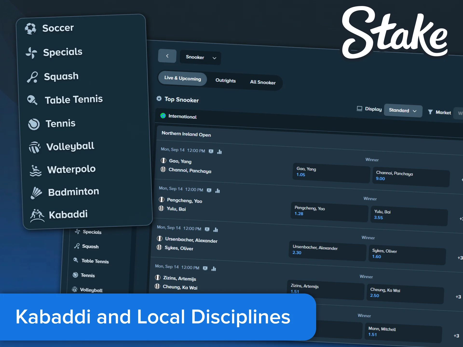 Try Kabaddi and local Indian sports betting on Stake.