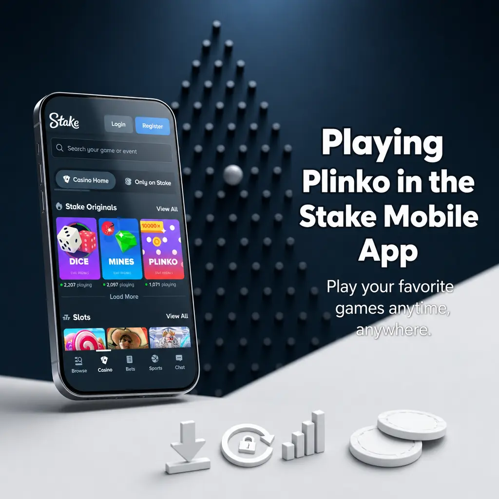 Plinko board on the Stake mobile app showing 16 rows, risk selector, stake field, and drop button in portrait view.