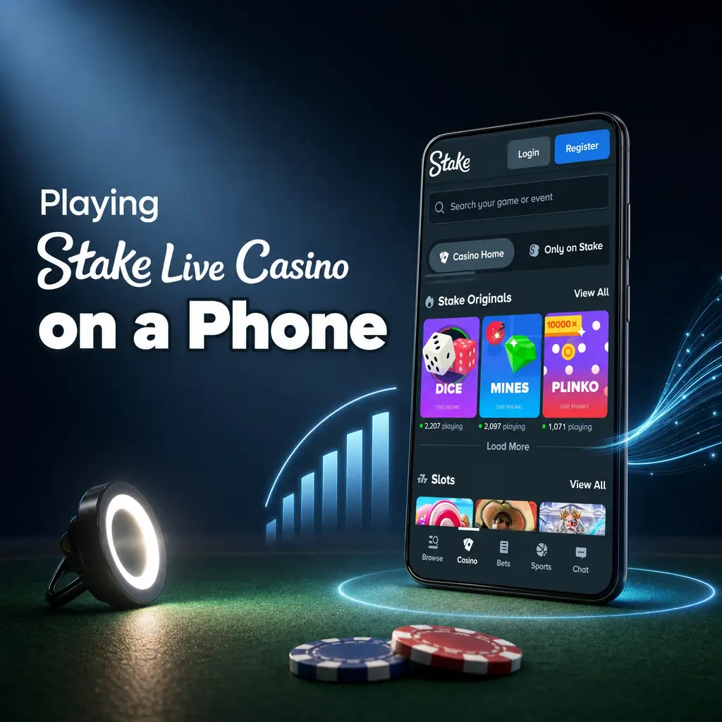 Playing Stake Live Casino on a phone, showing mobile app gameplay with live dealer table and betting interface