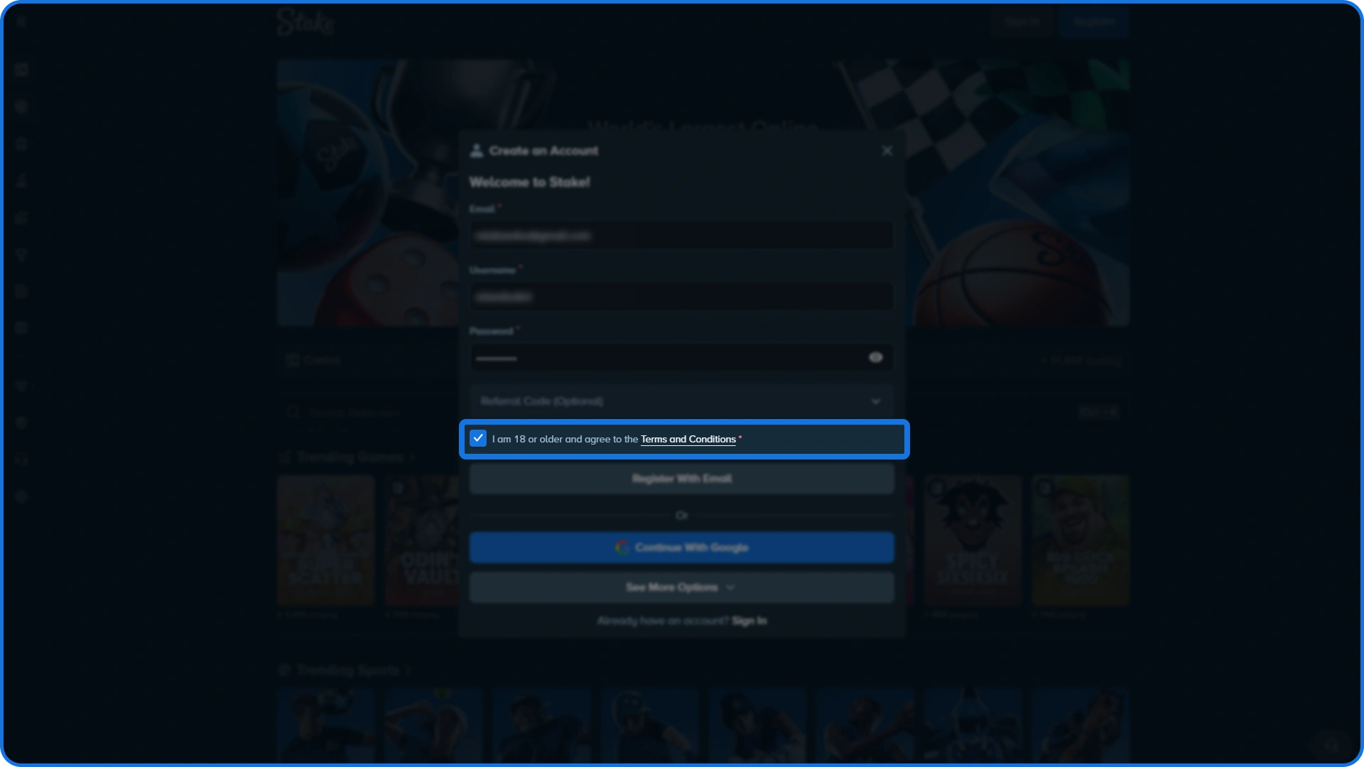 Check that you read terms of registration at Stake casino.