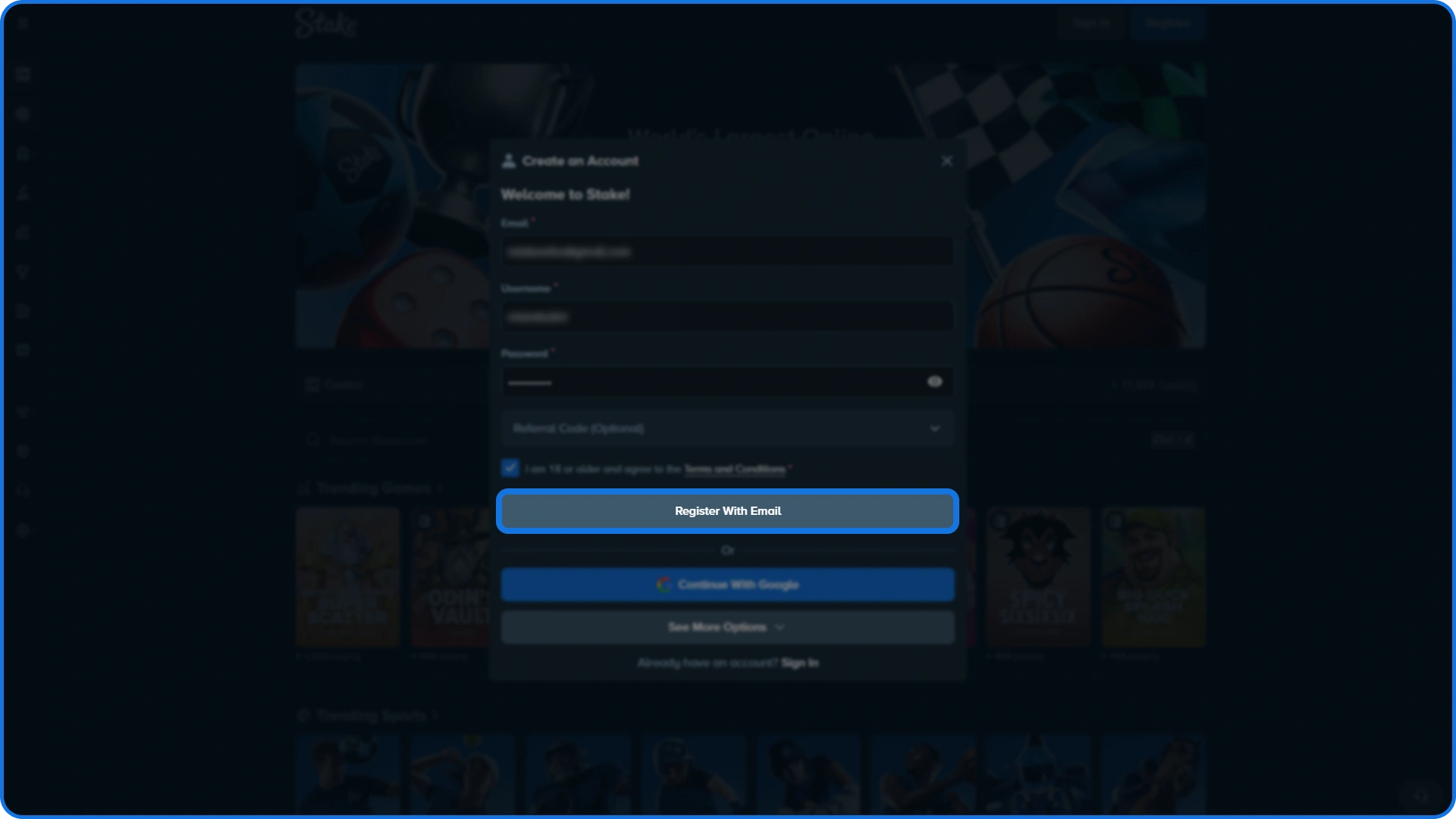Press confirm button to create account at Stake.