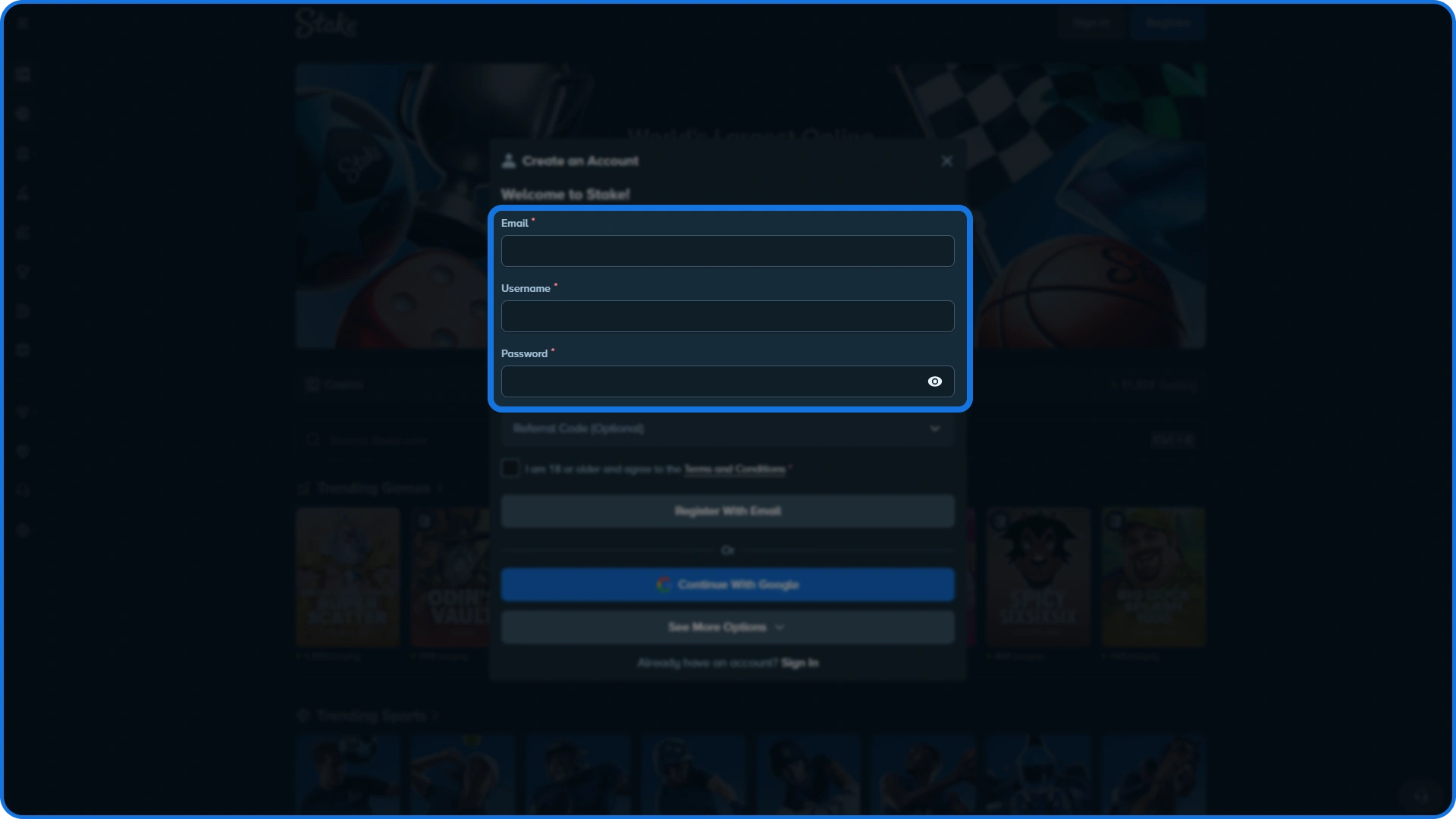 Fill Stake registration form.