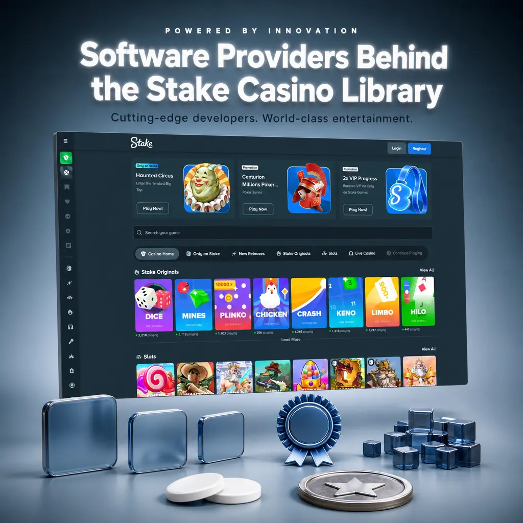 Software providers powering the Stake casino library, including Pragmatic Play, Evolution, Hacksaw Gaming and Stake Originals.