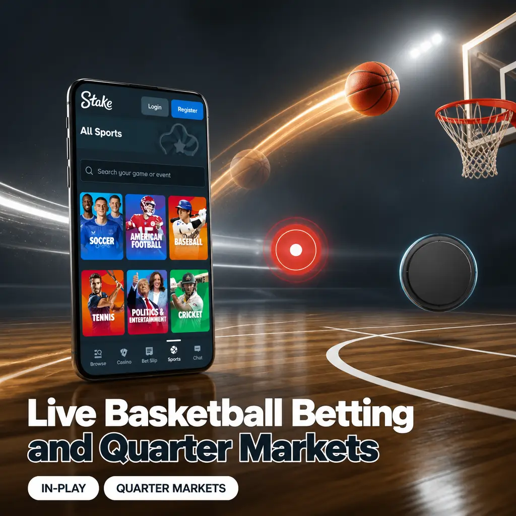 Live basketball betting screen showing quarter markets, spread, and total odds updating during an in-play scoring run