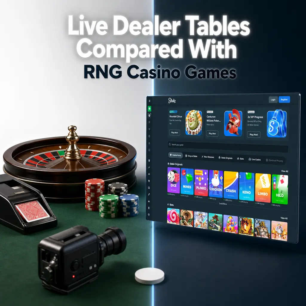 Comparison chart of live dealer tables vs RNG casino games covering speed, stakes, demo mode, wagering, and device needs.