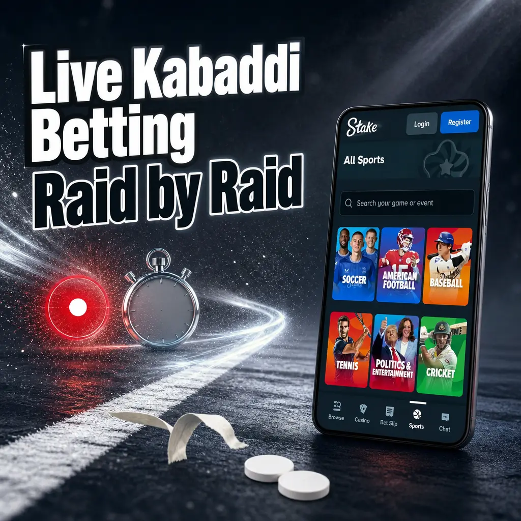 Live kabaddi betting tracker showing raid-by-raid odds updates, score, raid clock and defenders remaining