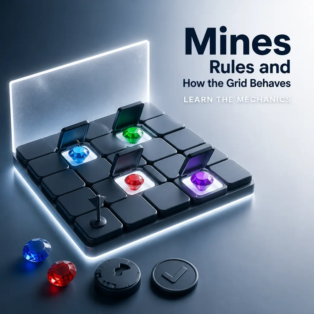 Diagram of Mines' 5×5 grid showing gem and bomb tiles, illustrating multiplier growth and cash-out mechanics.