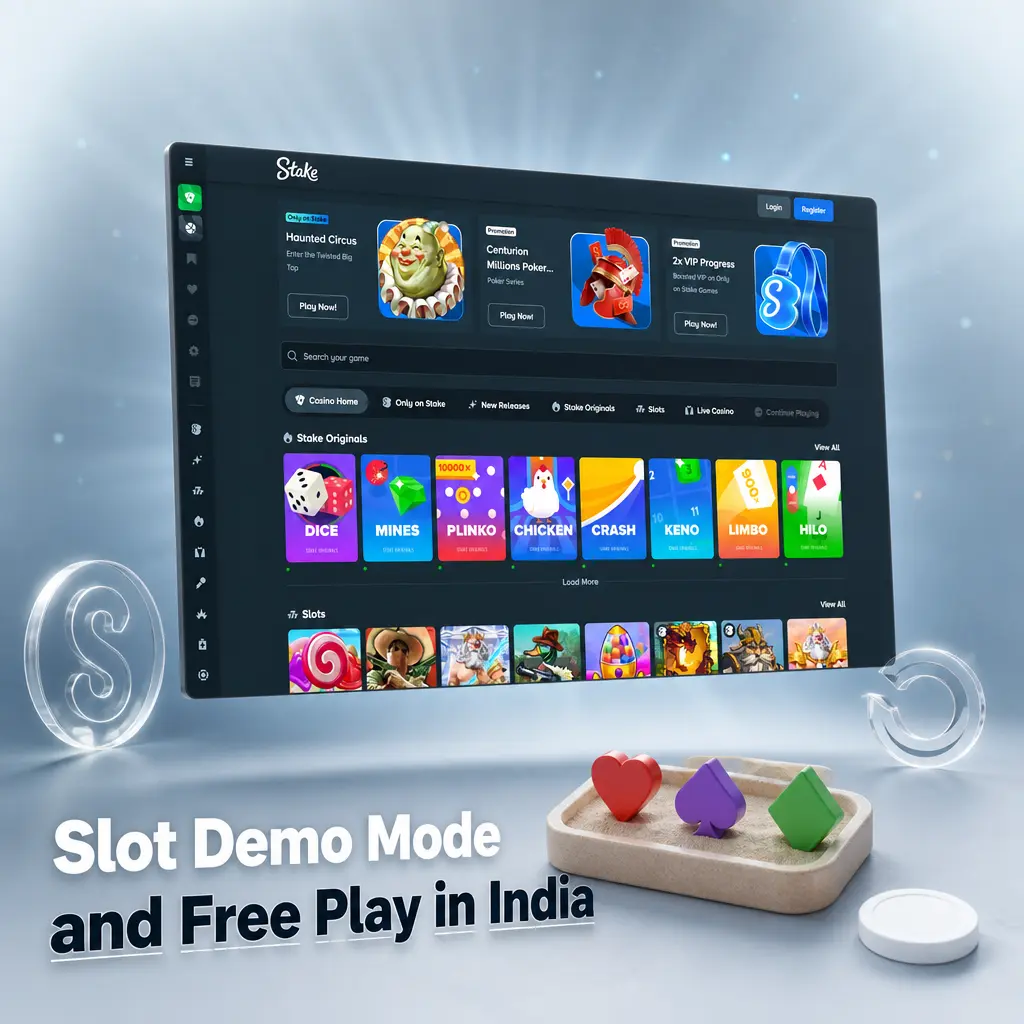 Slot demo mode and free play at Stake India, showing virtual balance and no-account required practice spins