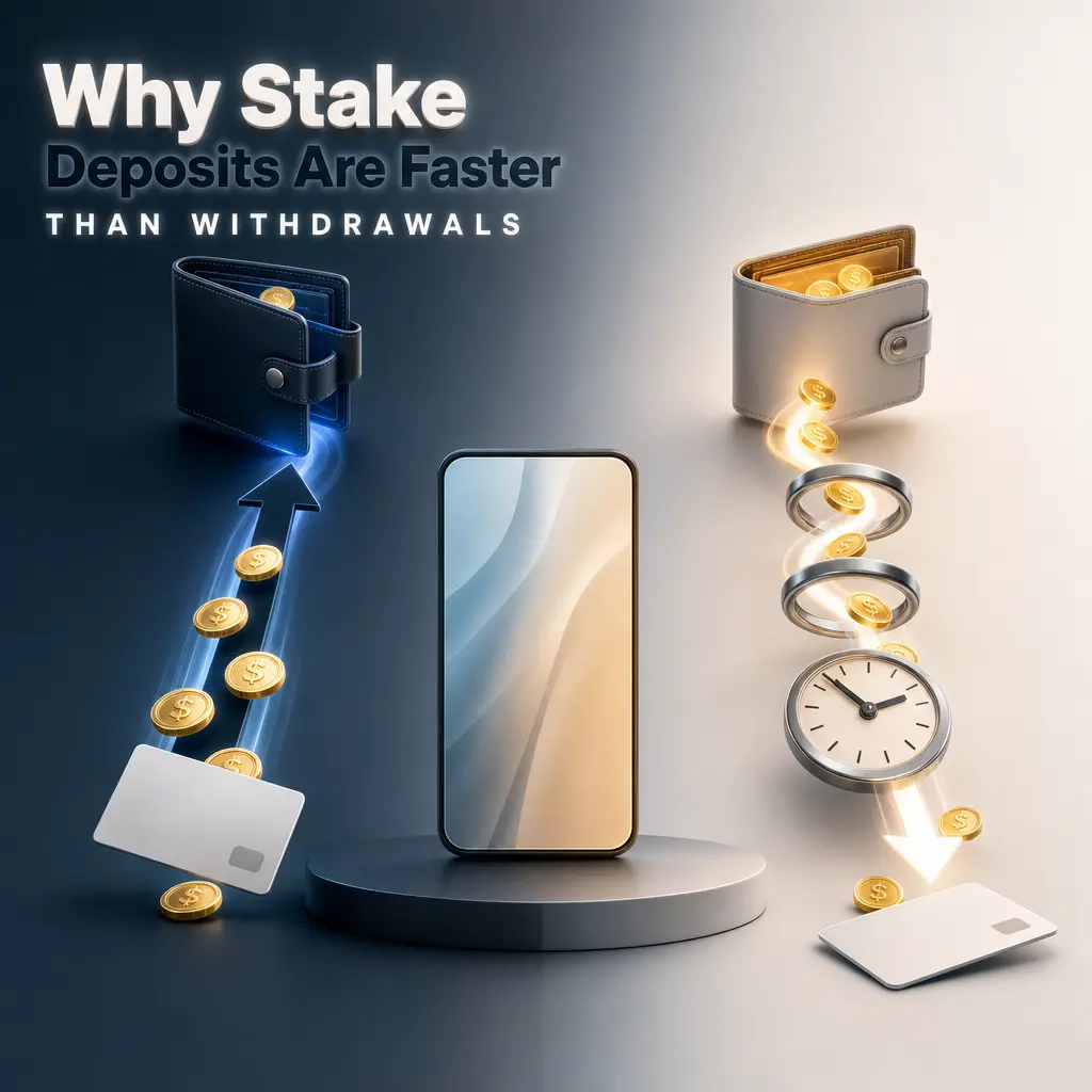 Comparison of Stake deposit and withdrawal speeds showing why payouts take longer than incoming payments